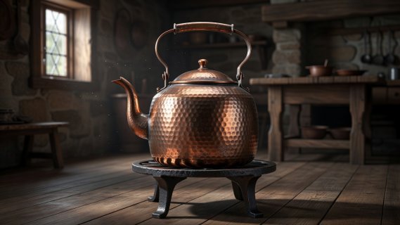 Rendered 18th-century hammered Swedish copper coffee kettle on trivet