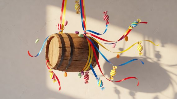 Rendered miniature oak barrel suspended with ribbons and candy pieces