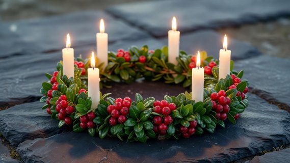 Rendered green lingonberry wreath with five lit white candles on slate ground