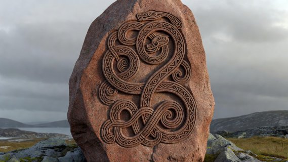Rendered red granite runestone with intertwining ribbon serpent carvings