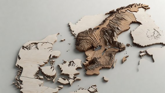 Rendered relief block demonstrating elevation contrast between Denmark and Norway